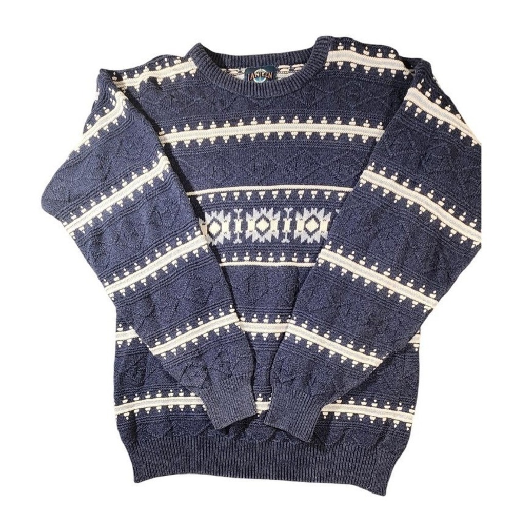 Vintage Jantzen Sweater Mens Large Blue Aztec Fair Isle Pullover Chunky Knit USA